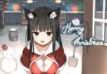  :d animal_ears black_hair breasts brown_eyes capelet cat_ears christmas cleavage jitome large_breasts long_hair looking_at_viewer merry_christmas nasubi_(fian0202) open_mouth original smile snowing snowman solo 