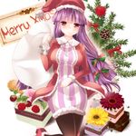  adapted_costume blush breasts christmas_tree cowboy_shot flower fur_trim gift hat large_breasts long_hair looking_at_viewer maki_(seventh_heaven_maxion) merry_christmas over_shoulder pantyhose patchouli_knowledge purple_eyes purple_hair sack santa_costume santa_hat smile solo touhou very_long_hair 