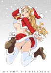  ass bikini blonde_hair boots christmas hat jumping long_hair looking_back musashimaru original santa_costume santa_hat solo swimsuit thighhighs yellow_eyes 