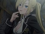  1girl blonde_hair blue_eyes blush breasts cleavage female indoors lieselotte_sherlock long_hair looking_at_viewer open_clothes open_mouth open_shirt school_uniform screencap selina_sherlock shirt solo trinity_seven twintails 
