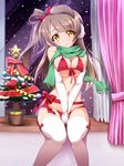  bikini blush bow breast_squeeze breasts brown_hair christmas christmas_tree earmuffs elbow_gloves front-tie_top gloves hair_bow highres large_breasts long_hair looking_at_viewer love_live! love_live!_school_idol_project matatabi_(2ccp) minami_kotori navel one_side_up scarf sitting skindentation smile solo swimsuit thighhighs v_arms white_gloves white_legwear yellow_eyes 