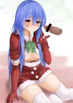  anger_vein bar_censor blue_hair breasts censored cum cum_in_mouth disembodied_penis elbow_gloves erection gloves highres hinanawi_tenshi long_hair momoiro_lettuce nipples no_hat no_headwear penis red_eyes red_gloves santa_costume small_breasts solo_focus tears thighhighs touhou white_legwear 