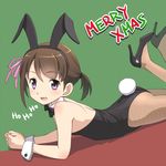  animal_ears bow bowtie brown_hair bunny_ears bunny_tail bunnysuit christmas commentary_request detached_collar fishnet_pantyhose fishnets lying meow_(nekodenki) on_stomach original pantyhose purple_eyes short_hair solo tail twintails wrist_cuffs 