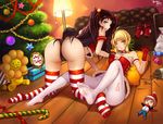  2014 2girls @_@ \o/ ahoge all_fours arm_support armband arms_up artist_name artoria_pendragon_(all) ass bare_shoulders bell black_panties blonde_hair blood blue_eyes blush bow bowtie box braid breasts cameltoe candy candy_cane chibi christmas_ornaments christmas_tree corset couch crop_top crop_top_overhang dated emiya_shirou fate/stay_night fate_(series) food gift gift_box gloves green_eyes hair_bell hair_ornament hand_on_another's_chest hat highres indoors jingle_bell lamp legs lens_flare long_hair looking_at_viewer looking_back lying medium_breasts merry_christmas miniboy multiple_girls no_shoes nosebleed on_back on_floor one_eye_closed open_mouth orange_hair outstretched_arms panties panties_over_pantyhose pantyhose pillow pocky pon_de_lion red_gloves saber sack santa_costume santa_hat scarf shiny shiny_skin smile strap_slip striped striped_bow striped_legwear striped_neckwear striped_panties thighhighs thong toes toosaka_rin torn_clothes torn_legwear twintails underwear very_long_hair white_legwear winghost wooden_floor yuri 