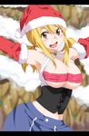  blonde_hair blush breasts breasts_outside brown_eyes covered_nipples fairy_tail gaston18 highres large_breasts lucy_heartfilia open_mouth santa_costume smile solo tape 