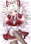  alternate_costume arms_behind_head bed_sheet black_legwear bow breasts cleavage enmaided fujiwara_no_mokou garter_straps givuchoko hair_bow hair_ribbon highres large_breasts long_hair looking_at_viewer lying maid on_back red_eyes ribbon solo thighhighs touhou white_hair 