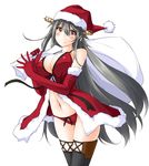  black_hair black_legwear blush boots breasts brown_eyes cleavage elbow_gloves gloves haruna_(kantai_collection) hat headgear highres kaminagi_(kaminagi-tei) kantai_collection large_breasts long_hair looking_at_viewer navel panties red_gloves red_panties santa_hat simple_background smile solo thigh_boots thighhighs underwear white_background 