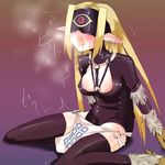  bird_legs black_legwear blonde_hair blush breasts cleavage covered_eyes covered_nipples drooling duel_monster gyo large_breasts leotard long_hair mist_valley_shaman monster_girl open_mouth pointy_ears skin_tight solo thighhighs trembling twitching yuu-gi-ou 