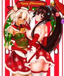  adapted_costume ass back backless_outfit breasts brown_eyes budget_sarashi christmas cowboy_shot dress elbow_gloves fur_trim glasses gloves hair_ornament hat highres holding incoming_gift kantai_collection large_breasts lips looking_at_viewer merry_christmas midriff miniskirt multiple_girls musashi_(kantai_collection) oriental_umbrella pointy_hair ponytail red_eyes red_gloves red_umbrella santa_costume santa_hat sarashi semi-rimless_eyewear short_dress shoulder_blades skirt snowflake_hair_ornament snowflake_print strapless strapless_dress striped striped_background thighhighs umbrella under-rim_eyewear upskirt vertical-striped_background vertical_stripes white_hair white_legwear yamato_(kantai_collection) ytoy 