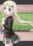  ayami_(ayanoayanosuke) blonde_hair blue_eyes fang hat hat_removed headwear_removed little_busters! long_hair noumi_kudryavka school_uniform silver_hair thighhighs 