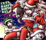  black_hair blue_eyes breasts brown_eyes character_name christmas cleavage danganronpa danganronpa_1 dress elbow_gloves enoshima_junko freckles gloves green_dress hair_ornament happy_birthday hat highres ikusaba_mukuro large_breasts long_hair monokuma multiple_girls pink_hair red_dress red_gloves red_legwear santa_hat short_hair siblings sisters smile spoilers tezurumozuru thighhighs twins twintails 