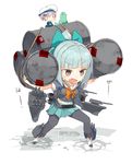  :d bangs black_legwear bow bowtie brown_eyes carrying_over_shoulder drum_(container) drum_canister_(kantai_collection) fairy_(kantai_collection) green_skirt hair_bow hair_ribbon harapeko_(886011) kantai_collection looking_at_viewer multiple_girls navel open_mouth pantyhose pleated_skirt ponytail ribbon school_uniform serafuku silver_hair skirt smile yuubari_(kantai_collection) 