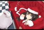  black_hair blue_eyes christmas couch detached_sleeves dutch_angle from_above hat long_hair looking_at_viewer lying miruto_netsuki on_stomach original pleated_skirt santa_costume santa_hat skirt solo 