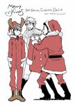  aldnoah.zero antlers artist_name black_footwear boots character_name christmas cruhteo dated full_body hat heart highres long_sleeves looking_at_another male_focus merry_christmas monochrome multiple_boys red reindeer_antlers saazbaum santa_costume shimura_takako simple_background slaine_troyard spot_color white_background 