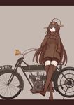  ahoge alternate_costume bad_id bad_pixiv_id brown_background brown_eyes brown_hair brown_legwear coat crossed_legs double-breasted ground_vehicle hand_in_pocket headgear highres kantai_collection kongou_(kantai_collection) leaning_back long_hair looking_at_viewer mikoto_(oi_plus) motor_vehicle motorcycle open_mouth plaid plaid_scarf scarf simple_background solo thighhighs very_long_hair zettai_ryouiki 