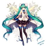  7th_dragon_(series) 7th_dragon_2020 absurdly_long_hair artist_name character_name green_eyes green_hair hatsune_miku highres long_hair metto skirt smile solo thighhighs twintails very_long_hair vocaloid 