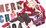  ;d ankle_boots aqua_eyes black_legwear blonde_hair blue_eyes blush boku_wa_tomodachi_ga_sukunai boots box breasts bug butterfly butterfly_hair_ornament cait christmas cleavage cleavage_cutout fur_boots gift gift_box gloves hair_ornament highres insect kashiwazaki_sena large_breasts long_hair long_sleeves looking_at_viewer meme_attire one_eye_closed open-chest_sweater open_mouth red_footwear ribbed_sweater sack santa_boots simple_background smile snow_boots solo sweater thighhighs underboob white_background white_gloves 