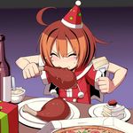  bangs blush boned_meat bottomless box cake capelet clenched_teeth closed_eyes cup eating food fork fruit gift gift_box gradient gradient_background hat highres holding holding_food holding_fork meat medic_(sekaiju) orange_hair party_hat pizza pizza_box plate pom_pom_(clothes) santa_costume santa_hat sekaiju_no_meikyuu short_hair short_sleeves solo soup strawberry table takeda_yukimura tears teeth 