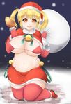  bell bell_collar belly bikini blonde_hair blush breasts christmas cleavage collar covered_nipples food gloves hat headphones highres holding huge_breasts kurokaze_no_sora looking_at_viewer navel nitroplus open_mouth orange_eyes plump red_gloves sack santa_hat short_hair smile solo super_pochaco swimsuit thighhighs turkey_(food) twintails 