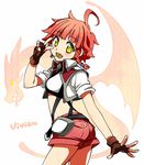  ahoge aosa_(michikusakan) blush braid candy character_name cross_ange dragon fang fingerless_gloves food gloves lollipop open_mouth red_hair short_hair shorts single_braid solo spoilers teeth v vivian_(cross_ange) white_background yellow_eyes 