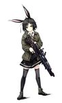  animal_ears ar-15 assault_rifle black_hair black_legwear bunny_ears full_body gorilla_(bun0615) green_eyes gun highres holding holding_gun holding_weapon looking_at_viewer original rifle school_uniform shoes short_hair simple_background smile solo thighhighs trigger_discipline weapon white_background zettai_ryouiki 