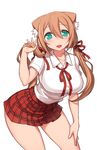  animal_ears aqua_eyes blush breasts brown_hair cat_ears hair_ribbon large_breasts long_hair open_mouth original plaid plaid_skirt ribbon simple_background skirt smile solo twintails white_background zenn 