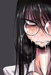  black_hair blush cum facial glasses highres long_hair original red_eyes sangyou_haikibutsu_(turnamoonright) shaded_face solo 