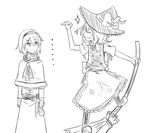  alice_margatroid apron ascot boots braid broom broom_surfing capelet greyscale grin hairband hat kirisame_marisa klent long_sleeves monochrome multiple_girls sash short_hair short_sleeves side_braid sketch smile touhou waist_apron witch_hat 