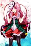  bad_id bad_pixiv_id black_legwear bow bowtie gloves hata_no_kokoro highres long_hair looking_at_viewer mask noh_mask pantyhose pink_eyes pink_hair plaid s-syogo solo touhou white_gloves 