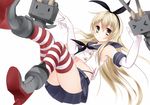  &gt;_&lt; :3 bad_id bad_pixiv_id blonde_hair blue_skirt closed_eyes elbow_gloves gloves hairband kantai_collection kujou_danbo long_hair looking_at_viewer navel rensouhou-chan shimakaze_(kantai_collection) simple_background skirt striped striped_legwear thighhighs white_background white_gloves yellow_eyes 