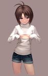  antenna_hair black_hair breasts denim denim_shorts idolmaster idolmaster_(classic) jpeg_artifacts kikuchi_makoto meme_attire nekopuchi open-chest_sweater short_hair short_shorts shorts small_breasts solo sweater underboob 