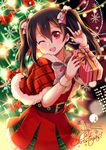  ;d black_hair box christmas christmas_tree gift gift_box looking_at_viewer love_live! love_live!_school_idol_project merry_christmas nico_nico_nii one_eye_closed open_mouth red_eyes smile solo twintails villyane yazawa_nico 