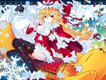  adapted_costume arm_warmers bag black_legwear blonde_hair breasts cape carpet chen chen_(cat) christmas christmas_lights dress earrings gift gradient_eyes hat hat_ribbon jewelry kusakanmuri long_hair medium_breasts multicolored multicolored_eyes purple_eyes ribbon riding santa_costume santa_hat short_dress smile snowflakes thighhighs thighs touhou yakumo_ran yakumo_ran_(fox) yakumo_yukari yellow_eyes 