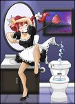  1girl bare_legs black_shoes blue_eyes braid choker enmaided frills genderswap hair_ribbon high_heels maid_uniform plunger ranma-chan ranma_1/2 red_hair saotome_ranma sarah_meadows solo tagme waist_apron 