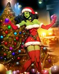  bare_shoulders bauble bell bell_choker belt breasts choker christmas christmas_tree cleavage crushing dress elbow_gloves genzoman gloves green_eyes green_hair green_skin hat jennifer_walters large_breasts long_hair marvel red_dress red_gloves red_legwear santa_costume santa_hat she-hulk smile solo strapless strapless_dress thighhighs 
