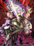  2boys 3girls armor arms_up bangs barefoot blonde_hair boots bow breasts camilla_(fire_emblem_if) cape cleavage company_connection copyright_name dress elise_(fire_emblem_if) female_my_unit_(fire_emblem_if) fire_emblem fire_emblem_cipher fire_emblem_if gauntlets hair_bow hair_ornament hair_over_one_eye hairband holding holding_sword holding_weapon large_breasts leon_(fire_emblem_if) long_hair looking_at_viewer mamkute marks_(fire_emblem_if) medium_breasts multicolored_hair multiple_boys multiple_girls my_unit_(fire_emblem_if) nintendo official_art open_mouth pointy_ears puffy_sleeves purple_eyes purple_hair red_eyes short_hair smile striped sword thigh_boots thighhighs toyo_sao twintails vertical_stripes weapon white_hair 
