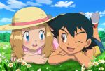  1boy 1girl ;d ash_ketchum bangs black_hair blue_eyes blue_shorts blush bow brown_eyes cloud commentary daisy day dress eye_contact eyelashes flower grass hat hat_bow hetero highres jitan_(jjvm4477) looking_at_another lying official_style on_stomach one_eye_closed open_mouth outdoors pink_dress pokemon pokemon_(anime) pokemon_xy_(anime) red_footwear serena_(pokemon) shirt shoes short_hair shorts sidelocks sky smile tongue white_flower yellow_headwear yellow_shirt younger 