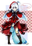  boots brown_footwear capelet dress hair_bobbles hair_ornament hat highres knee_boots long_hair merry_christmas red_capelet sack santa_hat shinki side_ponytail silver_hair snow_boots solo speech_bubble touhou touhou_(pc-98) wadante 