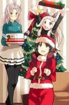  ahoge armored_aircraft_carrier_oni bad_id bad_pixiv_id black_hair black_legwear box cake carrying casual christmas christmas_tree fang food gift gift_box green_eyes hair_ornament hairclip hat high_ponytail highres kako_(kantai_collection) kantai_collection kinugasa_(kantai_collection) long_hair multiple_girls no_shoes pantyhose pink_hair remodel_(kantai_collection) ribbed_sweater sahuyaiya santa_costume santa_hat shinkaisei-kan shoulder_carry sweater white_hair 