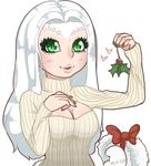  :d blush bow breasts christmas cleavage cleavage_cutout dark_souls eyelashes fur green_eyes heart holding holly horns large_breasts lips long_hair long_sleeves meme_attire monster_girl nail_polish open-chest_sweater open_mouth outline priscilla_the_crossbreed ribbed_sweater signature simple_background smile solo souls_(from_software) sweater tail tail_bow turtleneck upper_body vetis white_background white_hair 