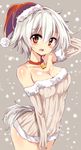  alternate_costume animal_ears bare_shoulders bell bell_choker blush breasts choker christmas cleavage detached_sleeves hat inubashiri_momiji large_breasts legs_together looking_at_viewer maturiuta_sorato open_mouth red_eyes revision santa_hat short_hair silver_hair solo tail touhou wolf_ears wolf_tail 