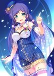  :d breasts constellation constellation_costume dress earrings hat hat_ornament horoscope jewelry kageira large_breasts long_hair love_live! love_live!_school_idol_project open_mouth purple_hair smile solo star star_print starry_sky_print sun_(symbol) thighhighs toujou_nozomi twintails zodiac 