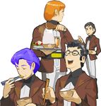  4boys bento_malus black_hair blue_hair chopsticks densetsu_kyojin_ideon food glasses hatari_naburu lowres meat military military_uniform moera_fatima multiple_boys orange_hair sarmatamra tekuno_gyabari uniform 