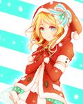  ayase_eli blonde_hair blue_eyes bow elbow_gloves gloves hands_on_own_chest hat looking_at_viewer love_live! love_live!_school_idol_project oda_(101511a) red_gloves santa_costume santa_hat smile solo striped striped_background 