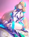  absurdres angela_balzac aqua_eyes blonde_hair blurry boots breasts covered_navel depth_of_field dutch_angle elbow_gloves frown gloves highres leotard long_hair medium_breasts moruga pink_background rakuen_tsuihou revision sitting solo very_long_hair 