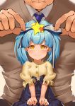  1girl blue_hair father_and_daughter go_takeo hair_ornament hair_ribbon hoshikawa_lily jyon long_hair ribbon skirt smile star star_hair_ornament sweater_vest twintails yellow_eyes zombie_land_saga 