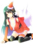  arm_support black_hair black_legwear bloom breasts cleavage collarbone detached_sleeves fusou_(kantai_collection) hair_ornament hat kantai_collection kneeling large_breasts maki_(seventh_heaven_maxion) red_eyes sack santa_costume santa_hat solo thighhighs white_background 