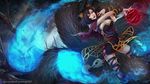 ahri alternate_costume animal_ears artist_name black_hair black_legwear black_nails blue_fire breasts cleavage facebook_username facepaint facial_mark fire fireball fox_ears fox_tail highres hitodama large_breasts league_of_legends magic magion02 multiple_tails nail_polish nose parted_lips signature solo tail thighhighs torn_clothes torn_legwear tree watermark web_address whisker_markings wrist_cuffs yellow_eyes 
