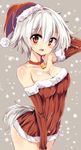  alternate_costume animal_ears bare_shoulders bell bell_choker blush breasts choker christmas cleavage detached_sleeves hat inubashiri_momiji large_breasts legs_together looking_at_viewer maturiuta_sorato open_mouth red_eyes revision santa_hat short_hair silver_hair solo tail touhou wolf_ears wolf_tail 