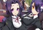 banned_artist breasts cardigan checkered checkered_neckwear eyepatch hair_intakes headgear kantai_collection looking_at_viewer lying medium_breasts multiple_girls necktie on_back purple_eyes purple_hair short_hair smile tatsuta_(kantai_collection) tenryuu_(kantai_collection) tetsubuta yellow_eyes 